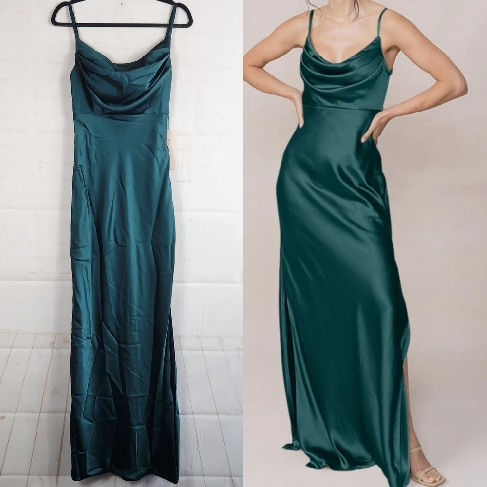 Revelry Skye Satin Bridesmaid Cowl Neck Maxi Dress Classic Emerald - 714 Size 2